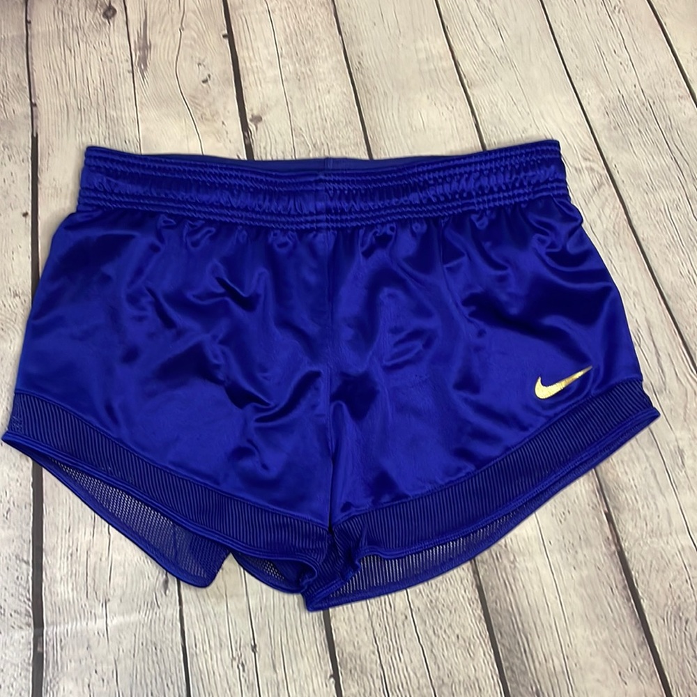 Nike Women’s Royal Blue Running Shorts with Gold Glittery Swoosh Size M